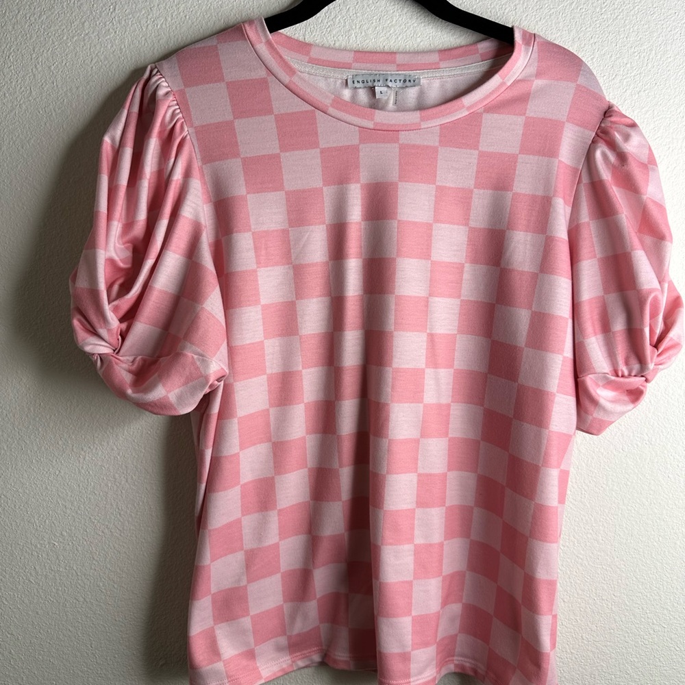 English Factory pink checkerboard puff sleeve shirt